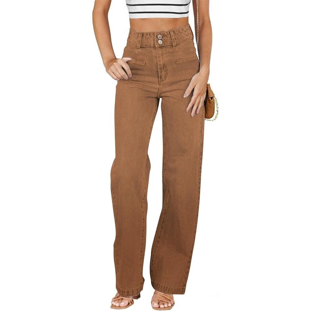 Women's Brown High Waisted Straight Leg Stretchy Trendy Loose Denim Pants